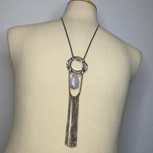 Chico’s Sam Threaded Silver-Tone Pendant Necklace NWT OS Tassel Simulated Stone